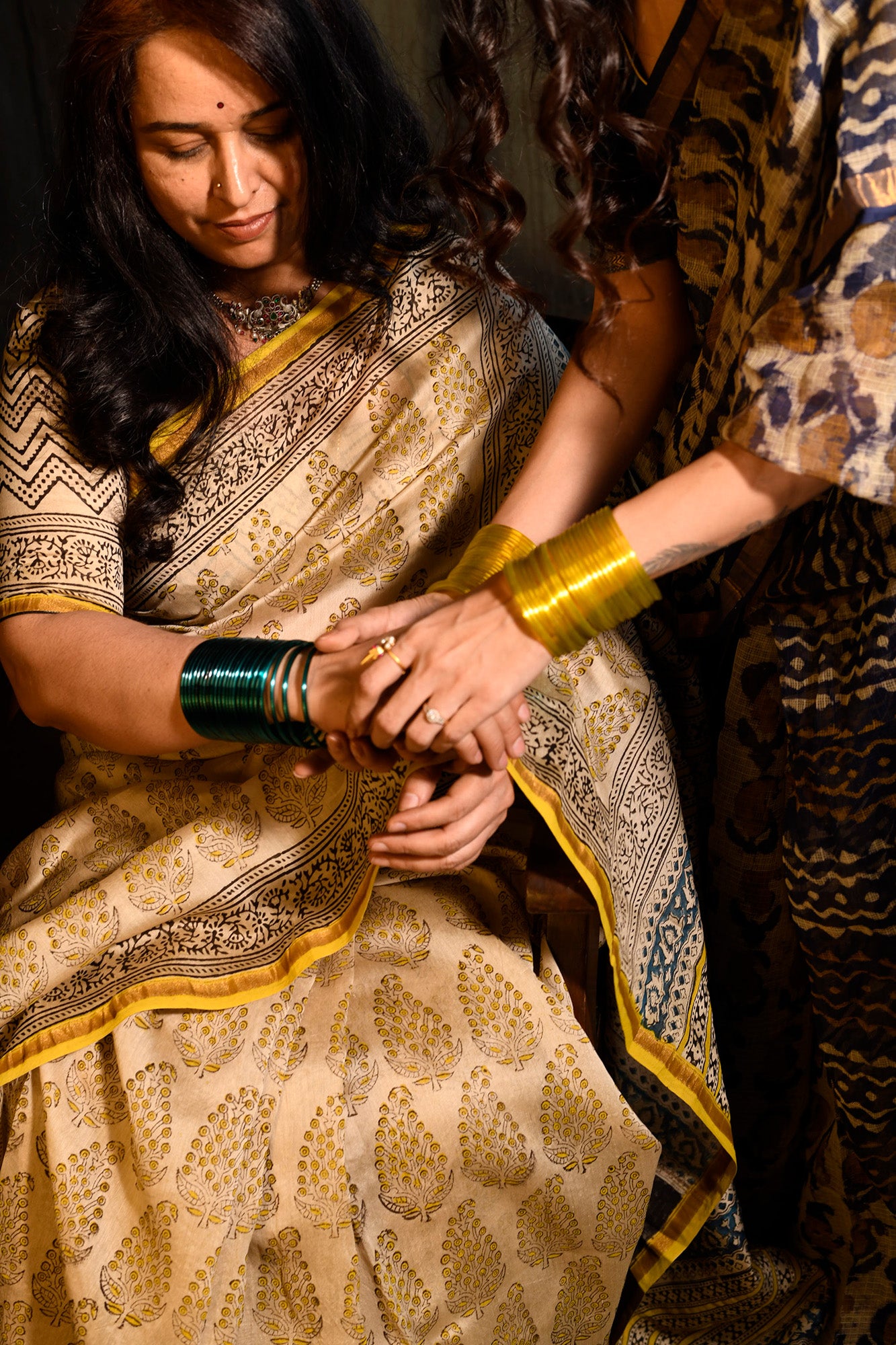 Cream, black and mustard Chanderi