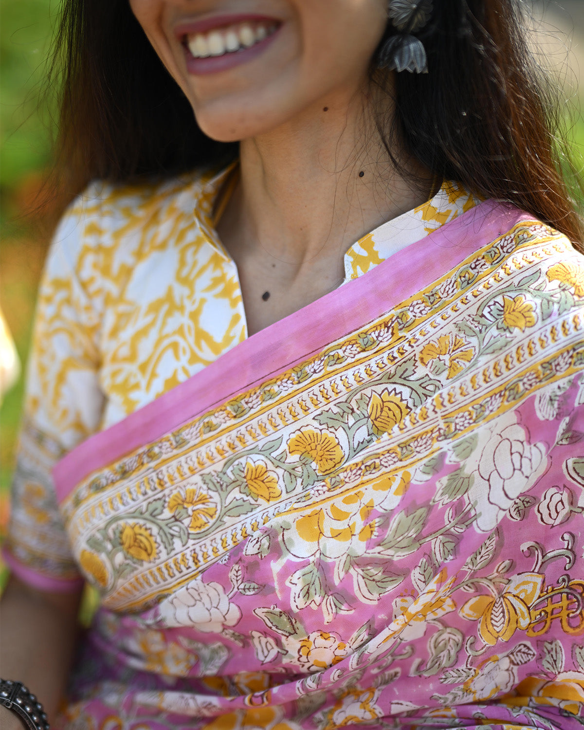 Pink and yellow handblock printed