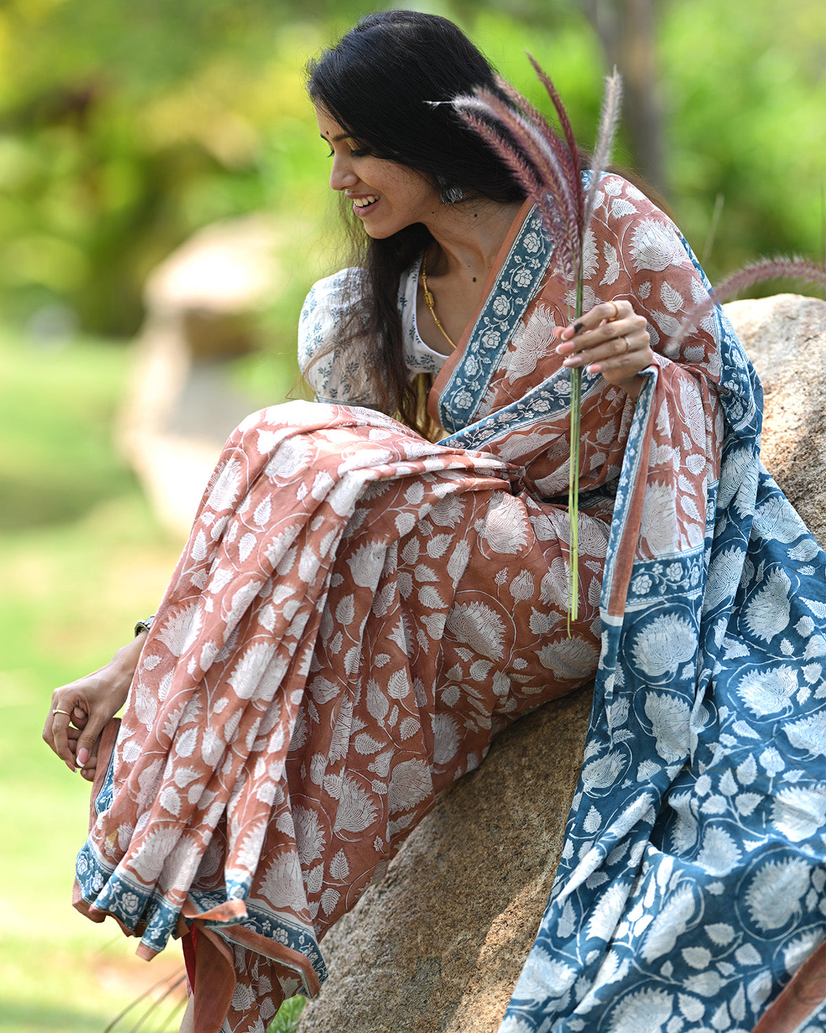 White floral motif - Handblock printed Brown mul