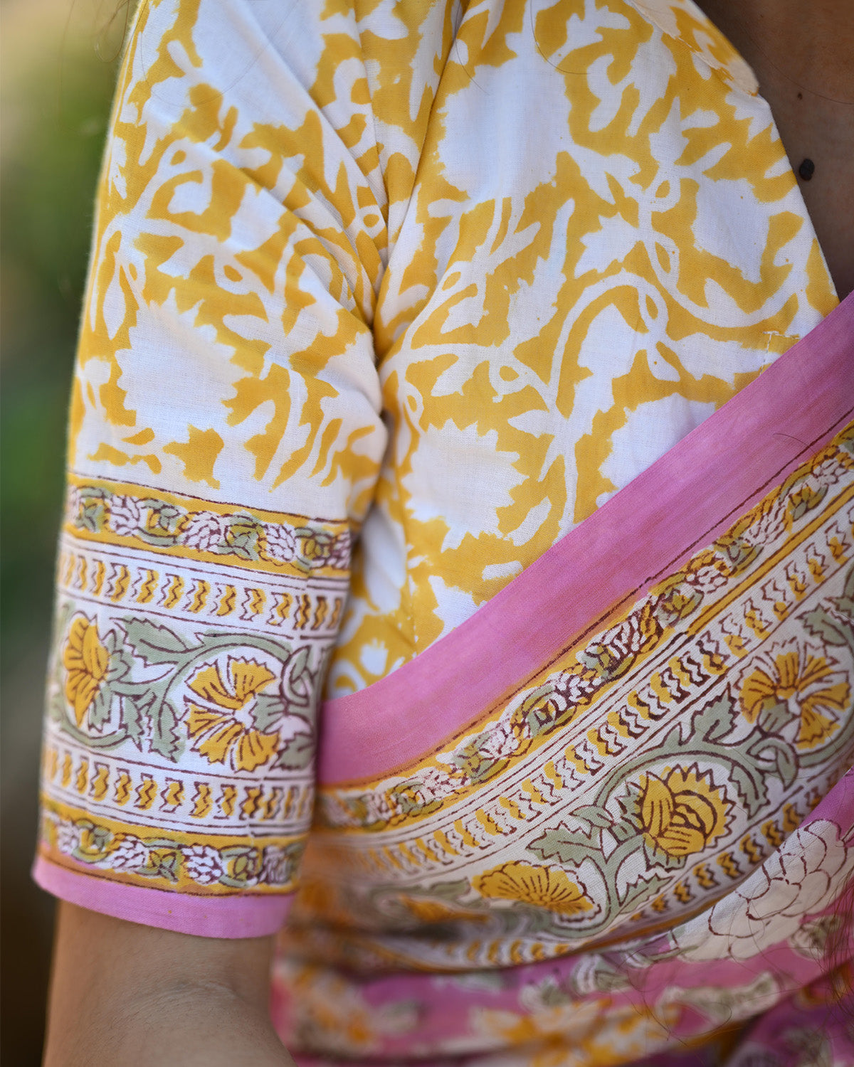 Pink and yellow handblock printed