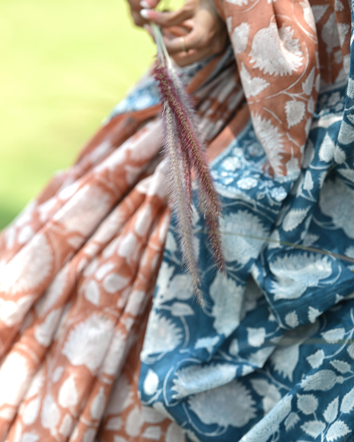 White floral motif - Handblock printed Brown mul