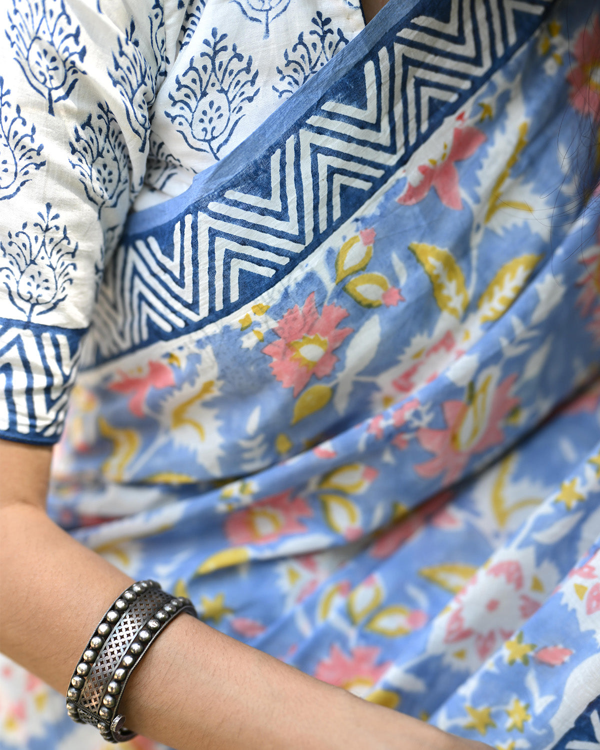 White floral motif - Handblock printed Blue Mul cotton