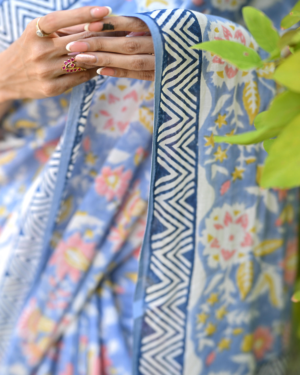 White floral motif - Handblock printed Blue Mul cotton