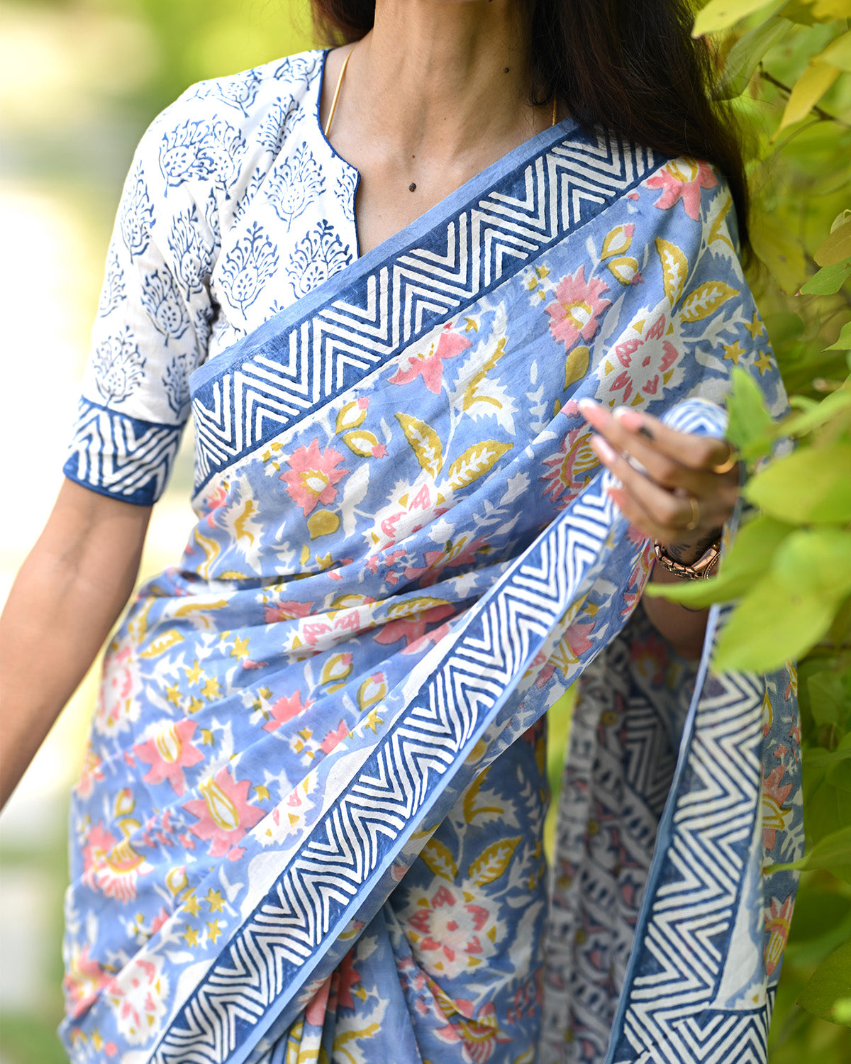 White floral motif - Handblock printed Blue Mul cotton